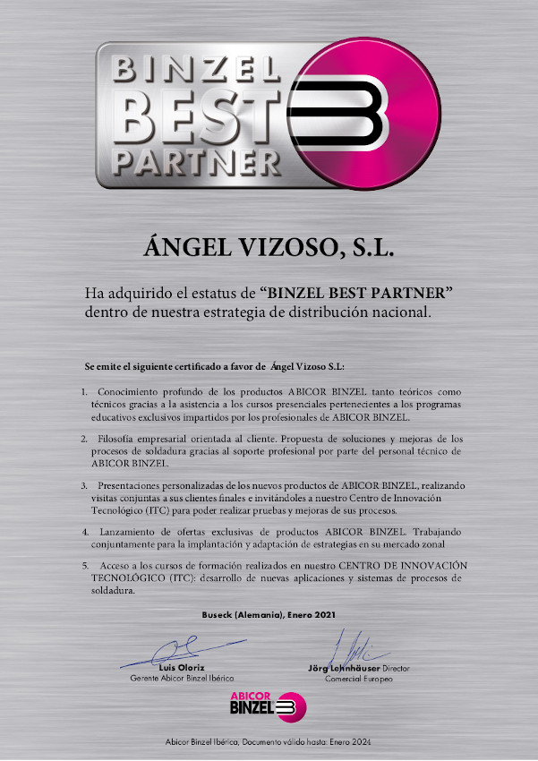 Diploma acreditativo de Abicor Binzel como "Best Partner" - -Angel Vizoso